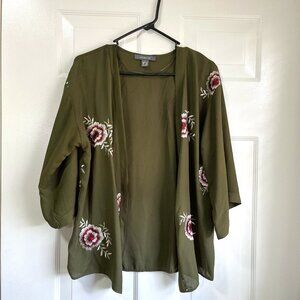 Primark Olive Green Kimono Shrug with Embroider Pink Hibiscus Flowers Size Small